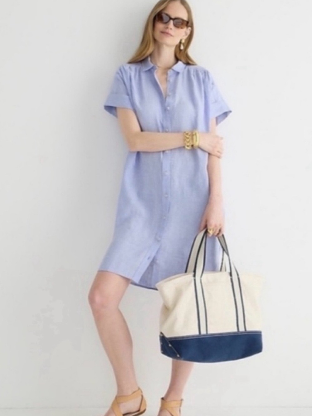 J. Crew Light Blue Button-Front Linen Shirt Dress with Pockets